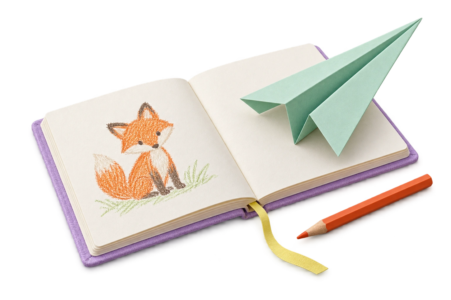 A well-loved sketchbook, a mint paper plane and a pencil: little ideas with bigger places to go.